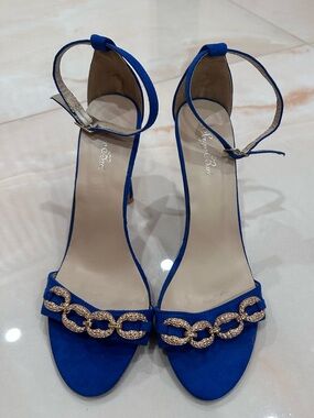Sergio Bari Cobalt Blue Suede Ankle-Strap Heels with Gold Chain